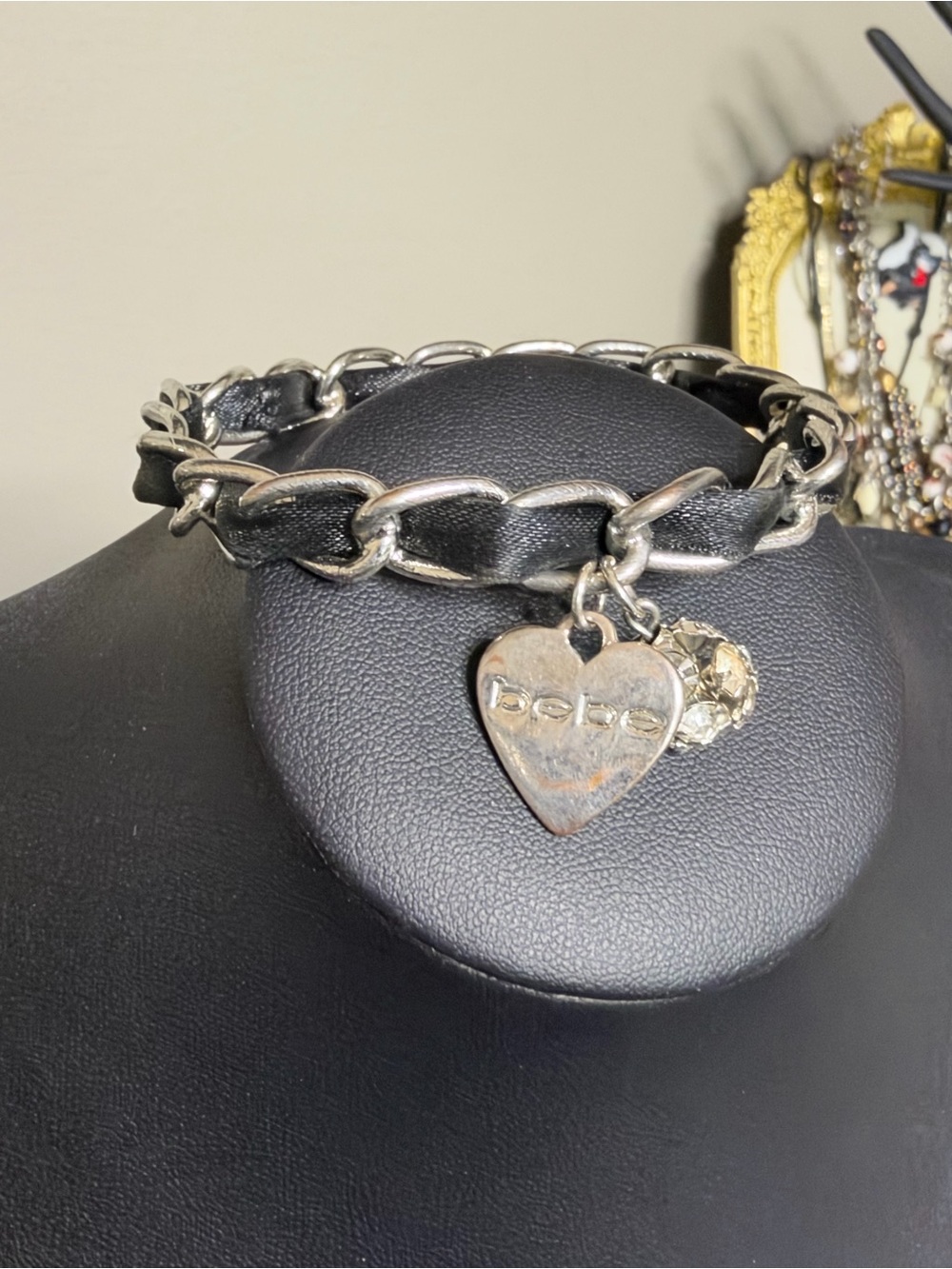 bebe y2k Silver-Tone Chain Bangle Bracelet Black Ribbon and Heart Charm